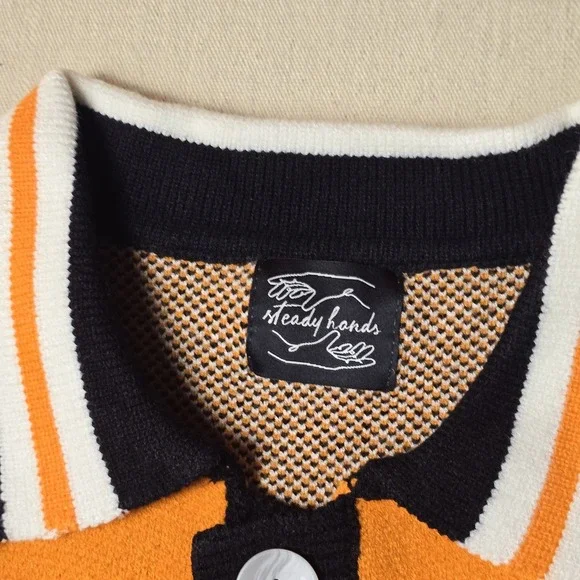 Steady Hands Ladies' Cardigan Small Orange Black Striped Collar Button-Up Rare - Picture 3 of 16